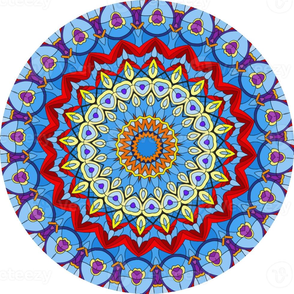 Circular mandala with blue flowers, red zigzags, yellow petals, and orange center in radial symmetry