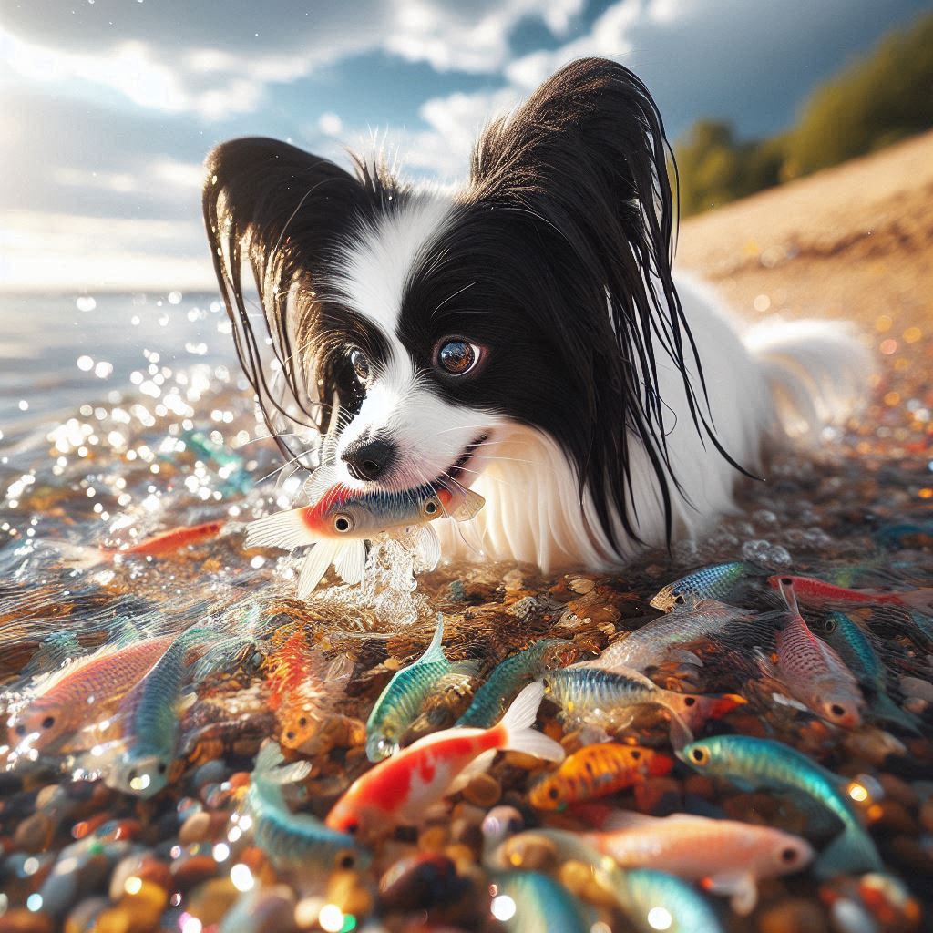 Black and white Papillon dog in shallow beach water surrounded by colorful fish