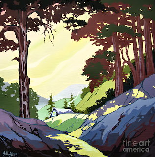 Painting of a forest path with tall trees, rocks, and a small cabin in the distance