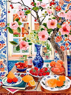 Colorful painting of pink flowers, fruit, and blue-and-white vases on a table by an open window