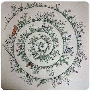 Intricate spiral pattern of botanical illustrations with ferns, leaves, flowers, mushrooms and ladybugs on aged paper