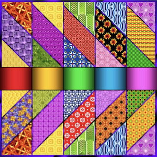 Colorful patchwork quilt with diagonal triangular patterns in rainbow hues separated by gold, silver, and bronze horizontal bands