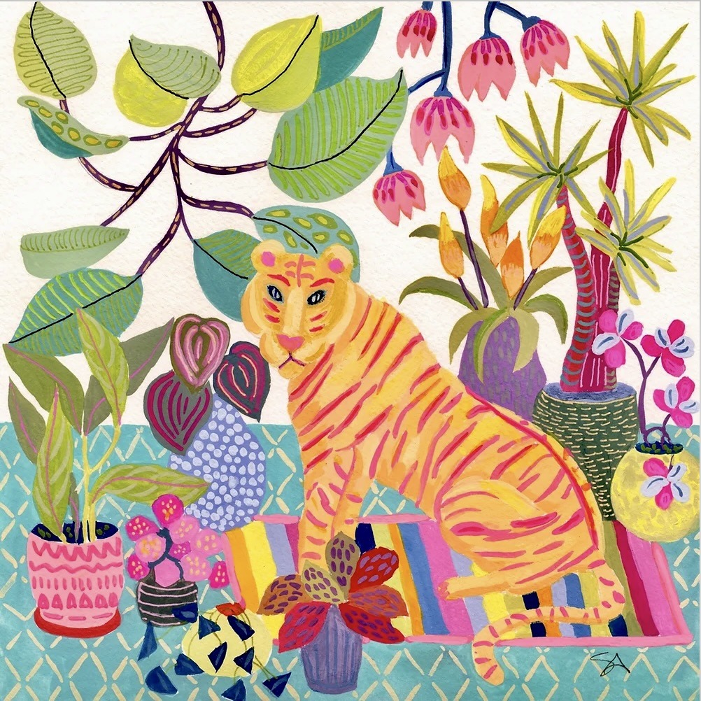Illustrated tiger with yellow and orange stripes amid tropical foliage and colorful flowers