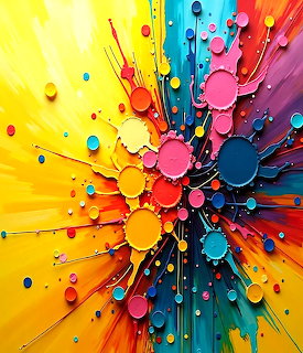 Abstract art with colorful circles and radiating lines bursting outward in rainbow colors