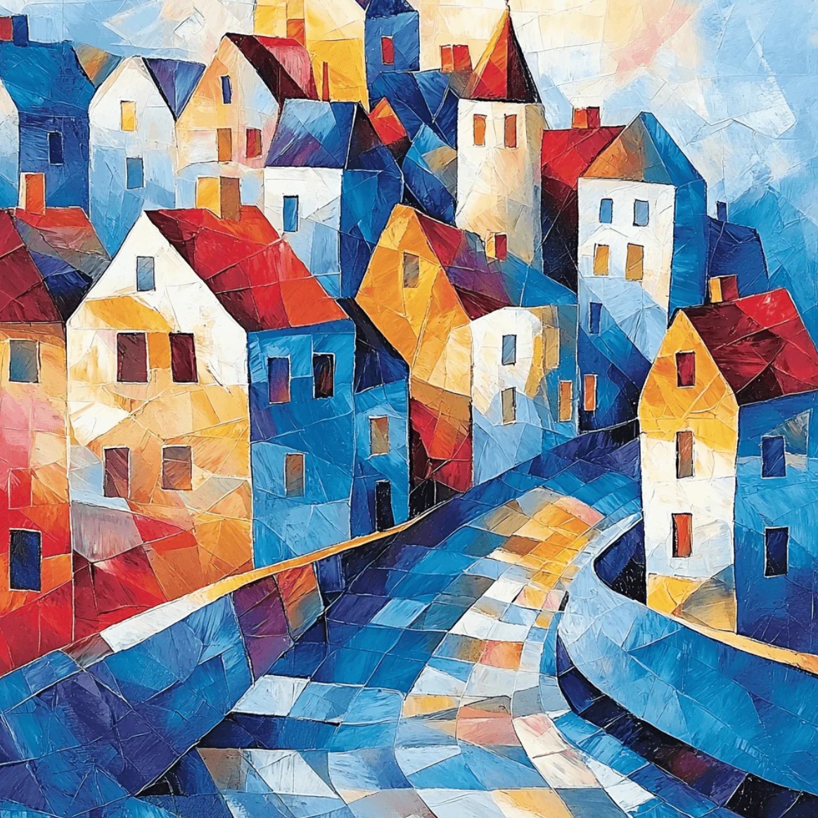 Colorful abstract geometric painting of village houses with angular shapes and vivid blue, orange, and yellow tones