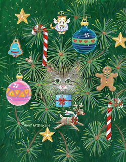 Gray tabby cat face peering from green Christmas tree branches with festive ornaments and decorations