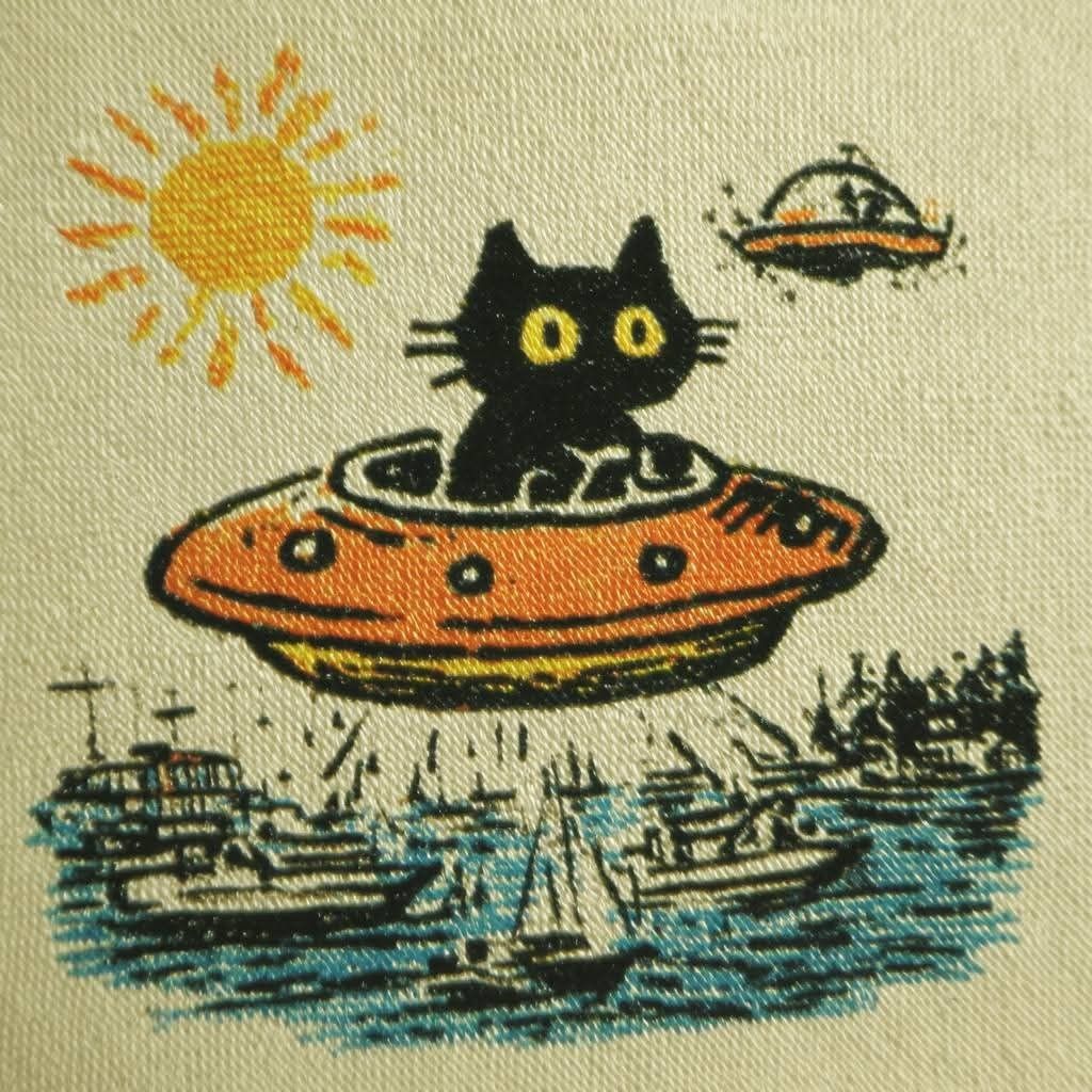 Illustration of a black cat in a flying saucer above boats on the water with a sun and small UFO
