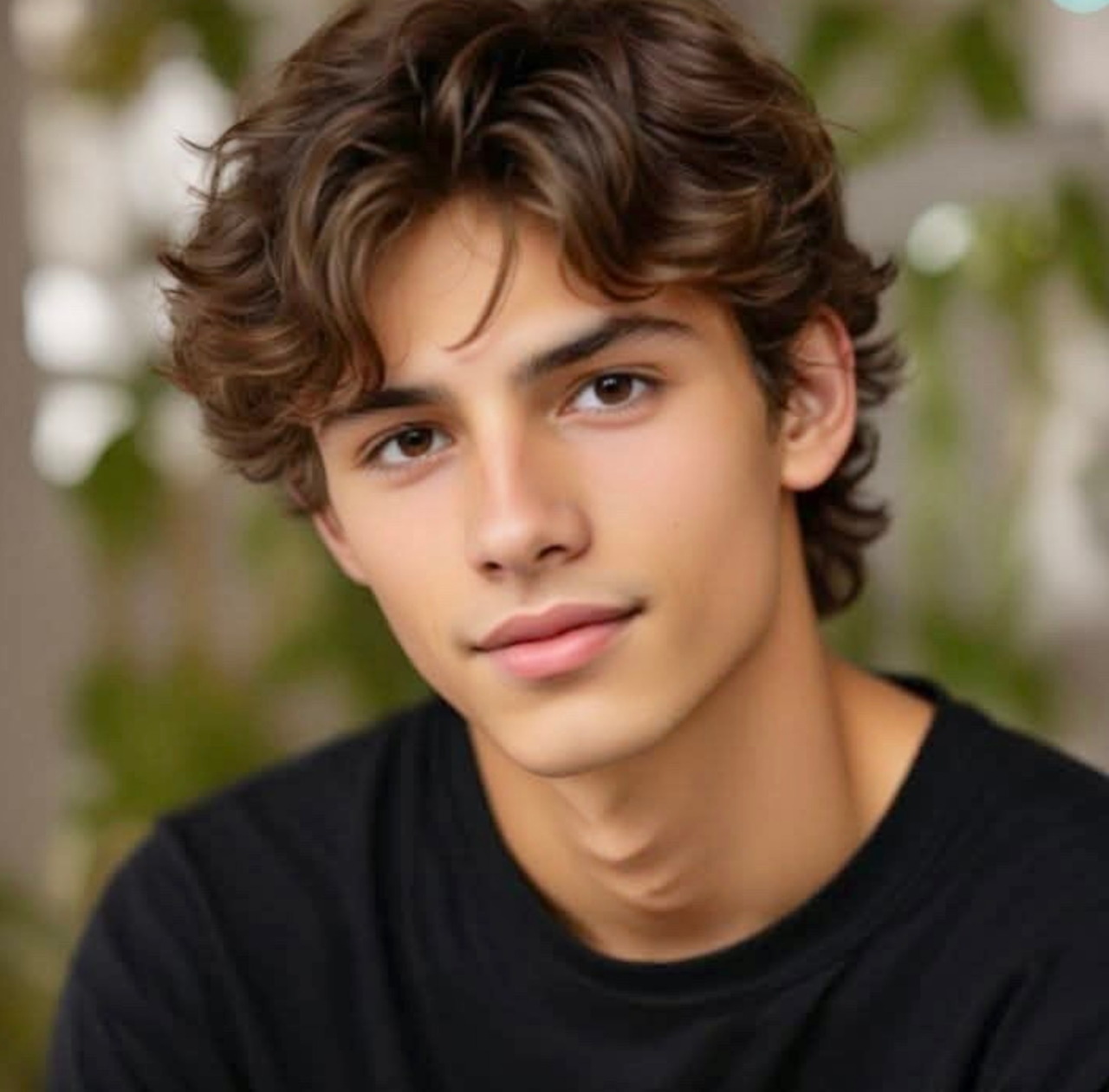 Portrait of young man with wavy brown hair in black shirt looking at camera