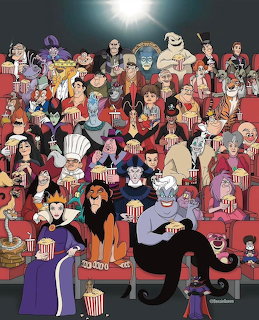 Large group of Disney and Pixar villain characters in a movie theater holding popcorn buckets