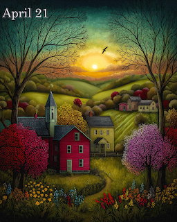 Folk art painting of a village with colorful houses, flowering trees, and a golden sunset over green hills