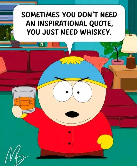 Cartoon character in red jacket and blue hat holding glass of whiskey with speech bubble