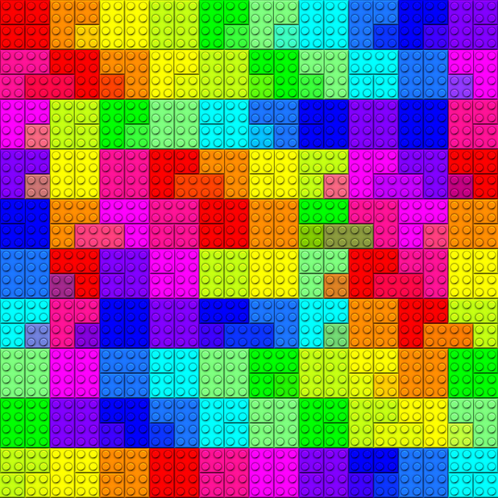 Colorful grid of interlocking plastic building blocks in rainbow colors forming an abstract mosaic pattern