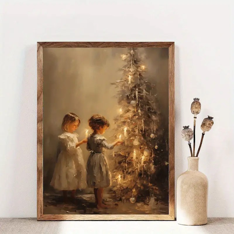 Framed vintage painting of two children admiring a candlelit Christmas tree