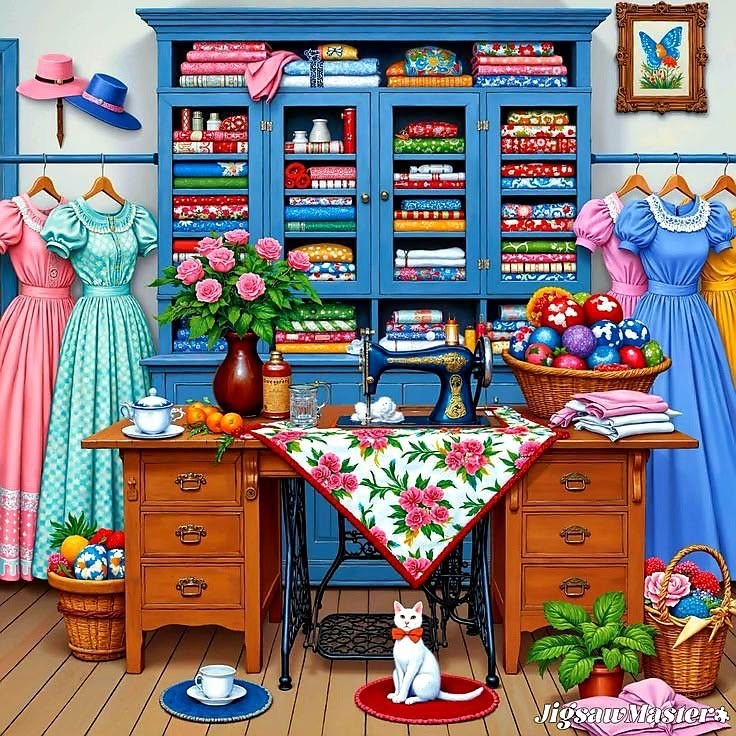 Bright sewing room with blue cabinet, vintage sewing machine on wooden desk, fabric rolls, flowers, and white cat on floor