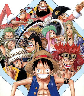 One Piece anime characters grouped together in colorful illustration showing main cast with varied expressions