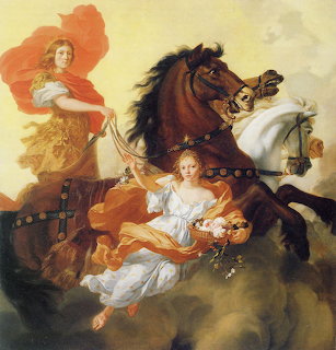 Classical painting of a woman and child with horses moving through clouds