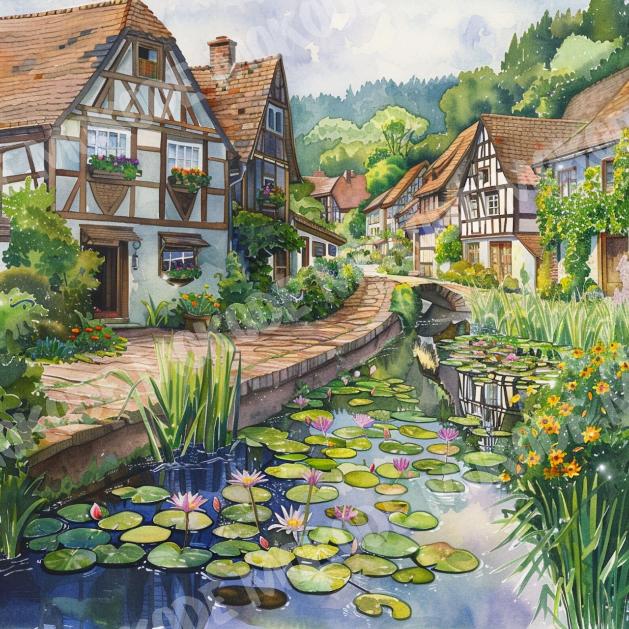 Watercolor painting of half-timbered houses along a stream with lily pads and colorful gardens