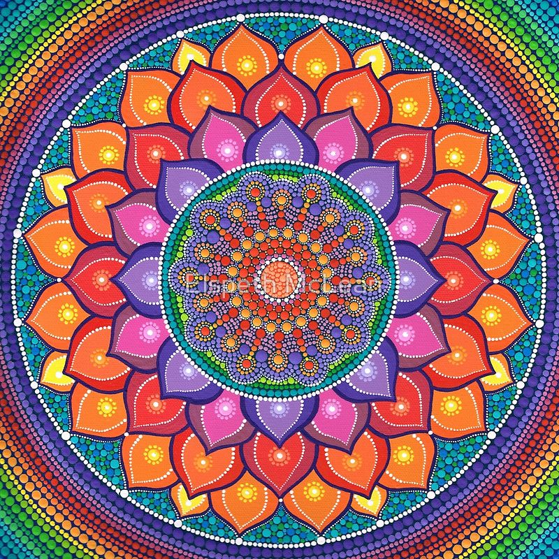 Colorful mandala with lotus petals in rainbow gradient and intricate geometric center pattern