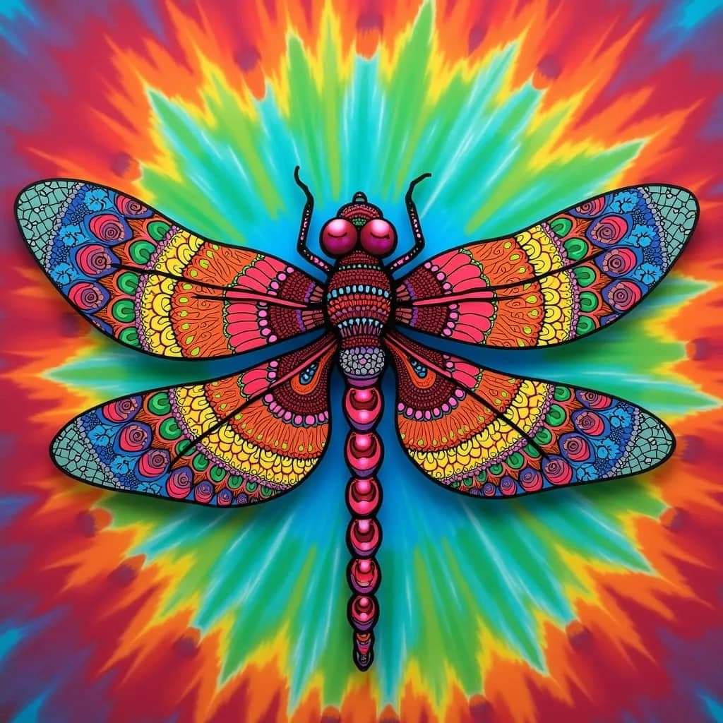 Colorful dragonfly with ornate mandala wings on psychedelic rainbow tie-dye background