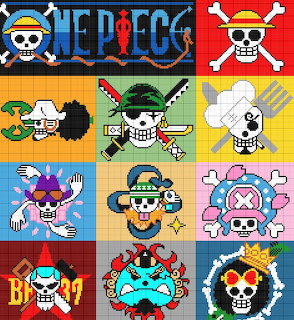 Grid of nine One Piece anime pirate crew flags with distinctive skull designs