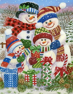 Four smiling snowmen with scarves, hats and gift boxes in snowy landscape