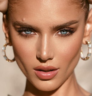 Close-up portrait of a woman with blue eyes and hoop earrings