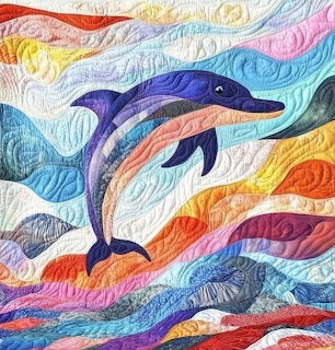 Quilted textile art of a purple dolphin leaping over colorful rainbow waves with decorative stitching