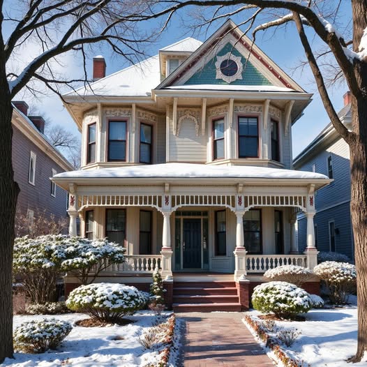 Victorian house with wrap-around porch in snowy winter setting