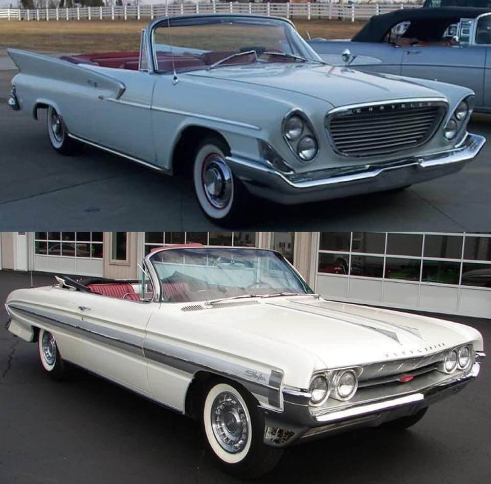 Two classic 1960s convertible cars, one light blue and one white, displayed in side-by-side photographs
