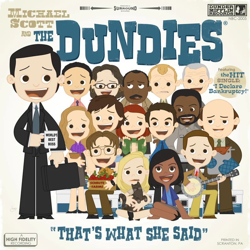 Cartoon illustration of The Office TV show cast with characters grouped together under the show title