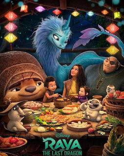 Raya and the Last Dragon characters dining together under colorful lanterns with dragon Sisu in background