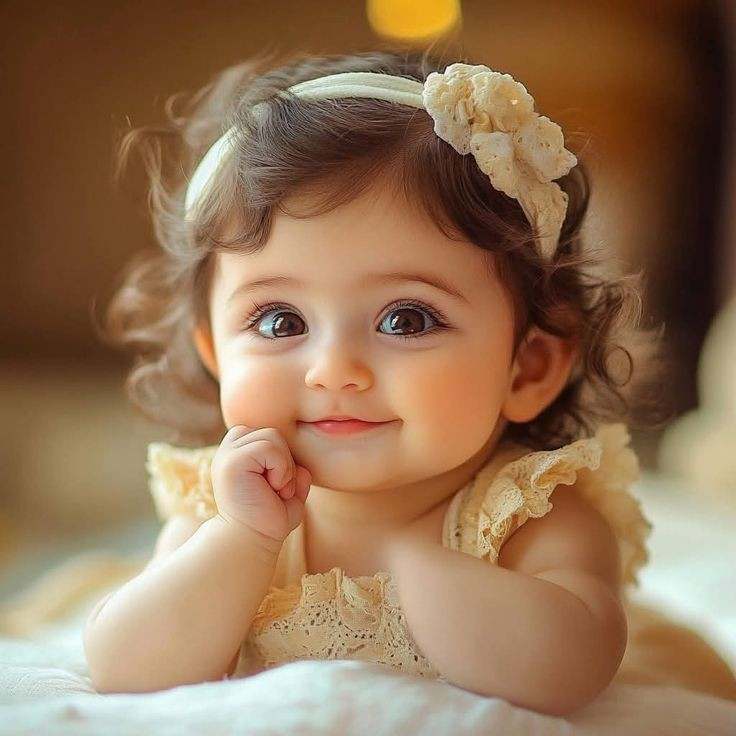 Young girl in white dress with flower accessory smiling at camera