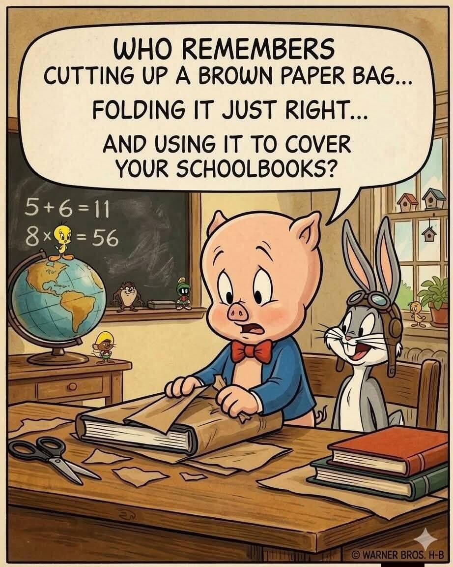 Porky Pig and Bugs Bunny covering a schoolbook with a brown paper bag in a cartoon classroom