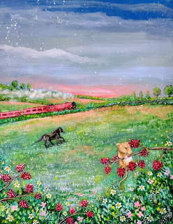 Vibrant painting of rolling green hills with wildflowers, horse in meadow, mountains and colorful sky
