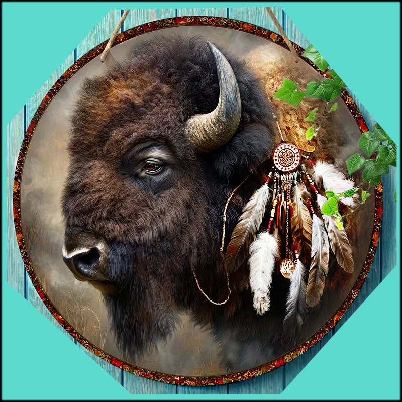 Illustrated American buffalo portrait in a circular frame with feathers and leaves on a turquoise background
