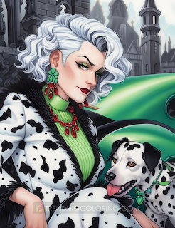 Stylized Cruella portrait holding a Dalmatian puppy beside a green car