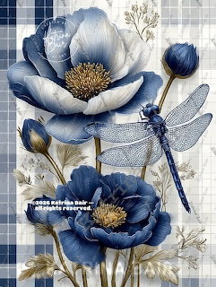 Illustration of blue peony flowers and a blue dragonfly on a plaid and botanical background