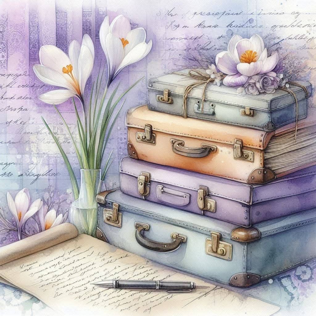 Pastel illustration of stacked vintage suitcases with white flowers, a scroll, and a pen