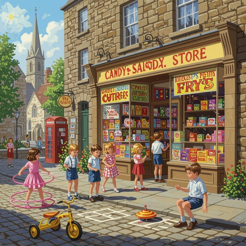 Children outside vintage candy store on sunny cobblestone street with church in background