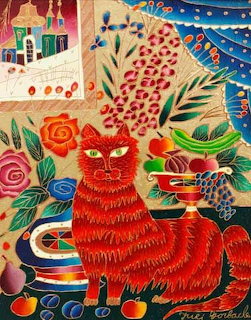 Folk art painting of a red cat beside fruit and flowers at a window