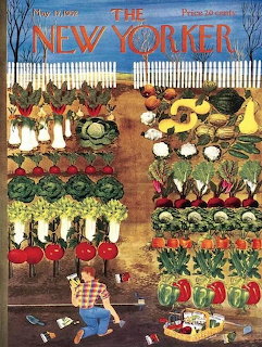 Illustrated vegetable garden with rows of produce and white chickens behind picket fence