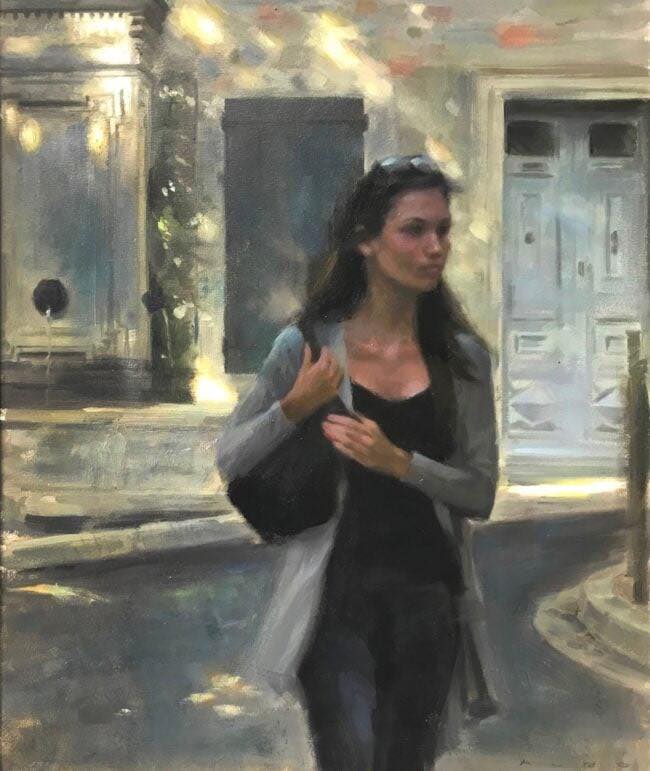 Oil painting of a young woman walking on a sunlit urban street, carrying a shoulder bag