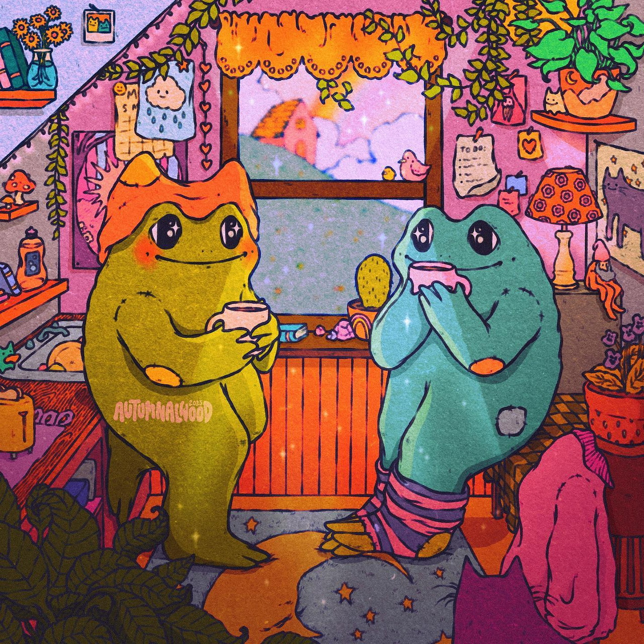 Two anthropomorphic frogs having tea in a cozy, colorful cottage kitchen with plants and decorations