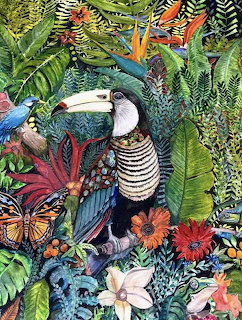 Colorful watercolor painting of tropical birds including toucan and parrots surrounded by exotic plants and butterflies