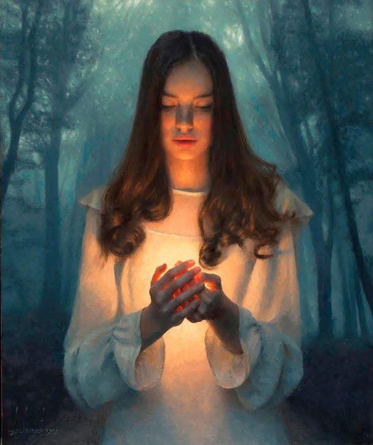 Young woman in white dress holding a glowing orb of light in a misty blue forest, painting