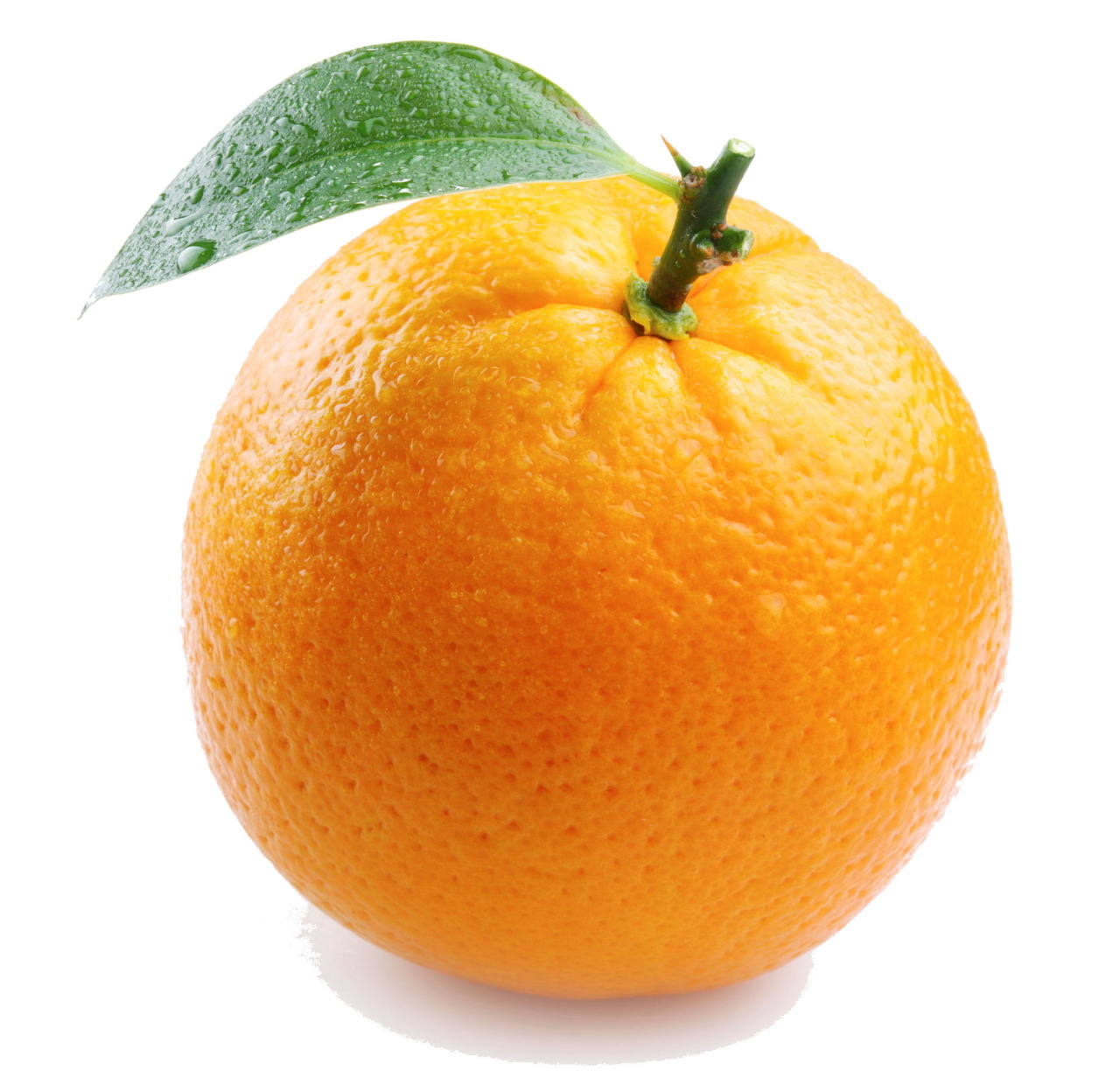 Single orange fruit with green leaf on white background
