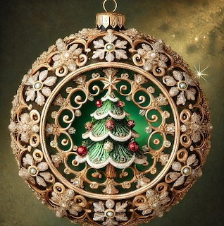 Detailed spherical Christmas ornament with gold ornate border and miniature tree centerpiece