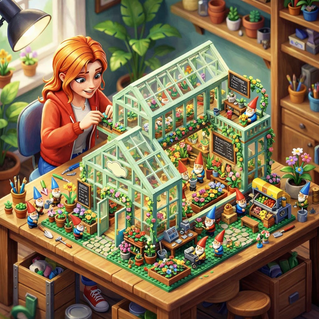Red-haired girl building a miniature greenhouse garden on a wooden craft table