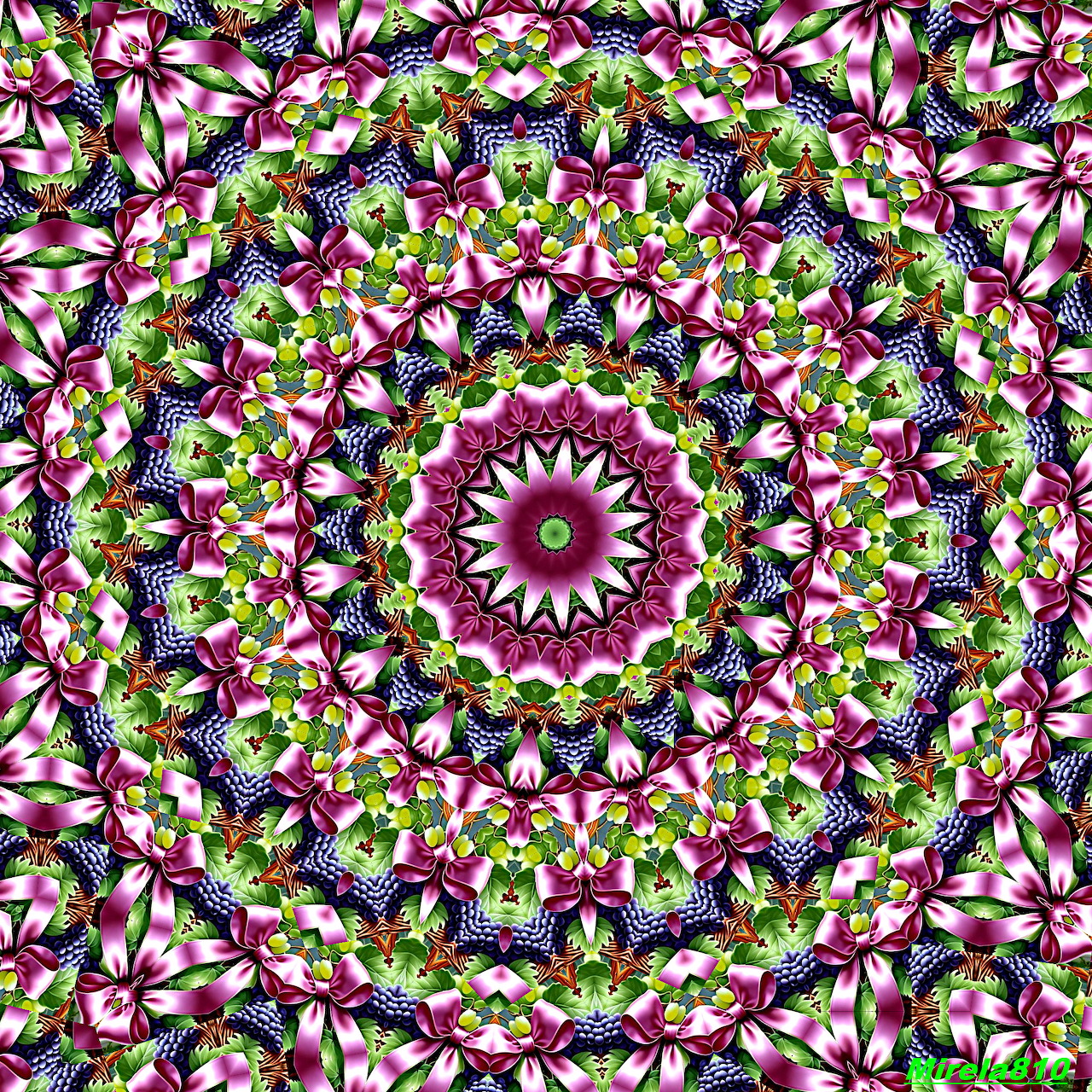 Colorful symmetrical mandala with intricate floral patterns in purple, green, yellow and pink