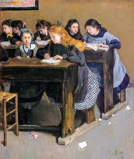 Painting of young girls studying at wooden desks in a Victorian-era classroom